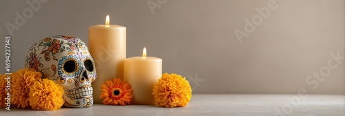 Close-up photo of sugar skull on altar with glowing candles and cempasuchil flowers. Warm colors, symbolic decor,  and Mexican Day of the Dead culture