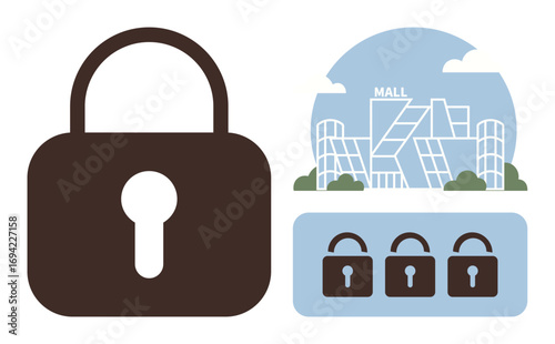 Large padlock with shopping mall illustration and row of smaller locks representing retail protection, privacy, secure transactions, data safety, and consumer trust. Ideal for security, privacy