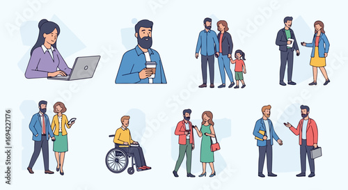 Diverse group interactions flat vector graphics depicting various business and personal situations with modern and accessible interactions