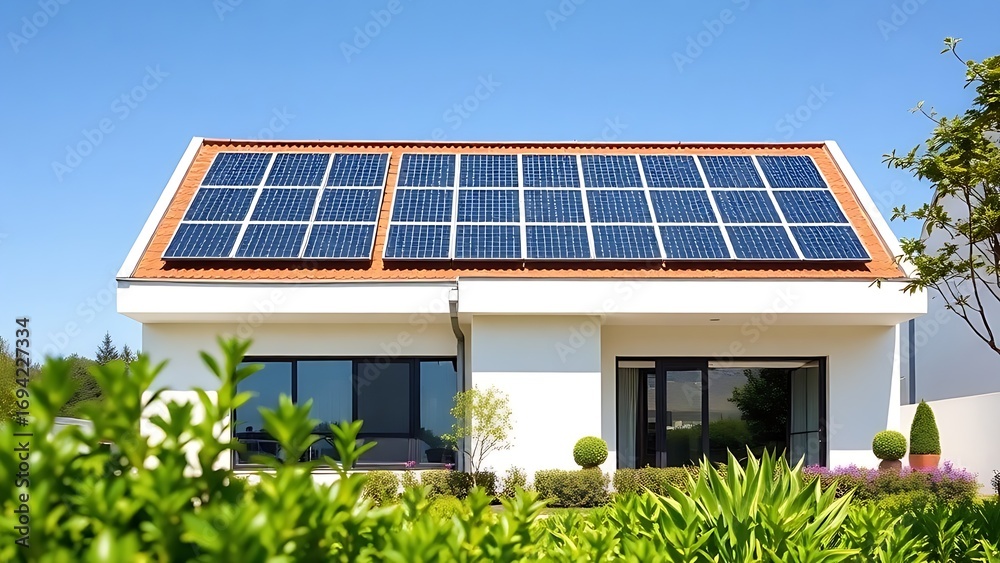 Fototapeta premium A modern house with integrated solar panels, representing sustainable living and architecture.