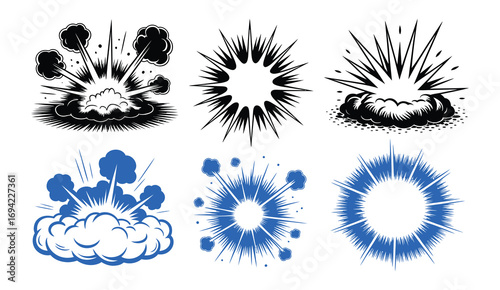 Radial explosion silhouette. Exploding bursts, round explosions cloud and exploded bomb effect  silhouettes. Explosion burst dust, power bombs explode effect. Isolated symbols graphic vector set