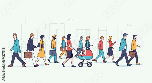 Stylized depiction of pedestrian commuters walking in a bustling urban environment, showcasing various professional and personal styles against a