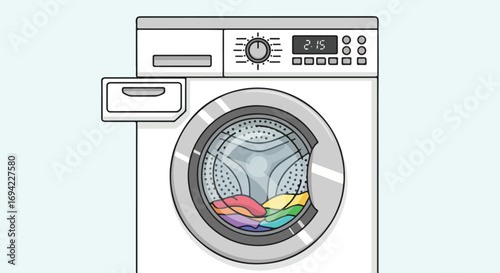 Cartoon washing machine with colorful clothes inside, indicating a cleaning process and depicting home appliance functionality