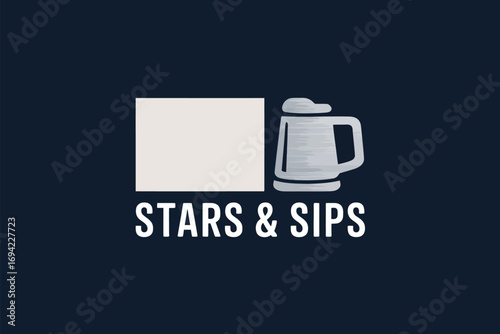 A logo featuring a white square, a beer mug icon, and the text stars and sips on a dark blue backgroun