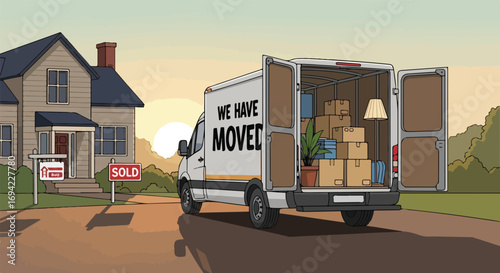 Cartoon illustration depicting a house with a 'sold' sign and a moving van signaling relocation and a new chapter