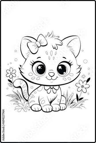 Cute cartoon kitten with bow and flowers coloring page