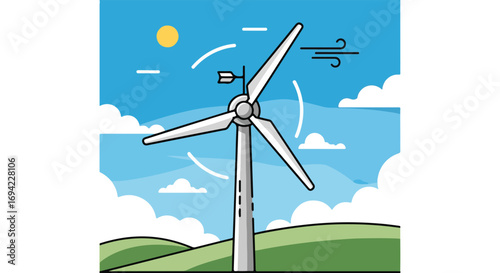 Stylized wind turbine illustration against a sunny blue sky with fluffy clouds generating sustainable alternative energy source through wind power