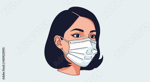 Vector illustration of a young woman with dark hair wearing a white surgical mask during a pandemic scenario, modern design concept