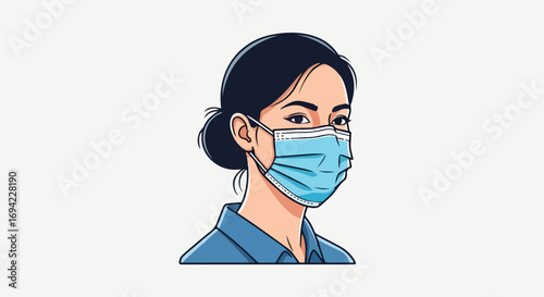 Illustration portraying a young woman with a protective face mask and a serious expression, reflecting modern safety measures and healthcare awareness