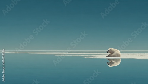 Solitary polar bear on a sliver of ice, reflecting in calm water. Vast expanse of blue sky and water