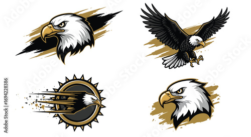 Four majestic eagle illustrations showcasing the birds head and full body in dynamic poses, with a blend of traditional and modern design elements