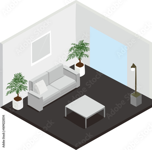リビングのアイソメトリックなイラスト、黒色
Living room isometric illustration, black