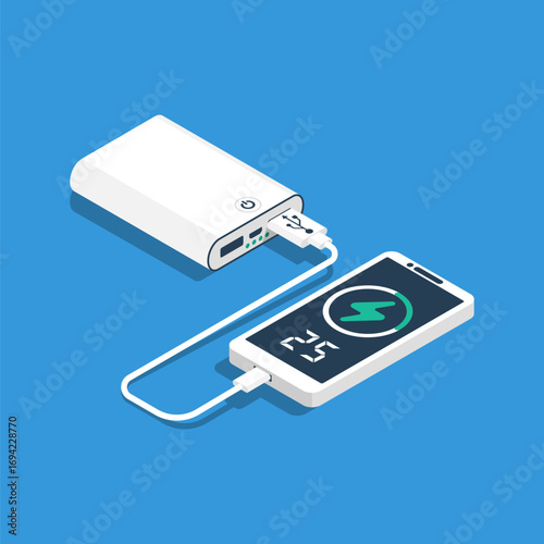 Low smartphone battery. Smartphone is charged from the power bank. Device for phones and other gadgets. Mobile phone is charging from the battery. Vector illustration flat design. USB cable.
