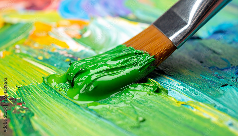 Fototapeta premium Paintbrush dipped in thick oil paint resting on colorful palette, rich textures of green pigments.