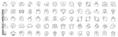 Positive mindset icon set featuring optimism, happiness, mindfulness, gratitude, resilience, lightbulb ideas, hearts, thumbsup, coaching, therapy; clean outline, editable stroke
