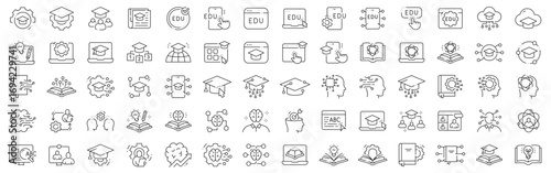 Clean outline education technology icons for elearning: graduation, laptop, mobile, cloud, AI, courses, students, webinars, dashboards, analytics, editable stroke set