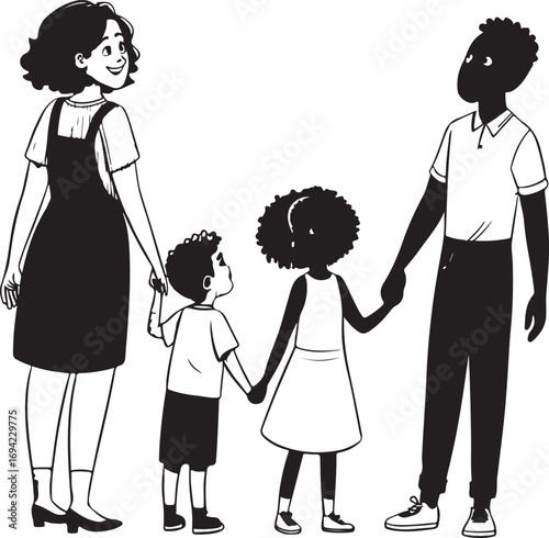 Diverse family holding hands with children parents