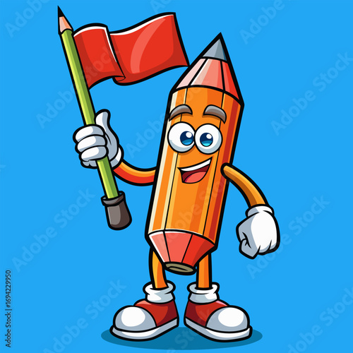 Pencil character cartoon acts as line judge holding flag straight