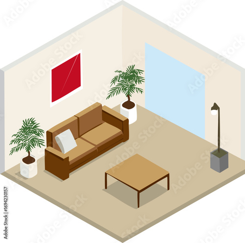 リビングのアイソメトリックなイラスト、茶色
Living room isometric illustration, brown