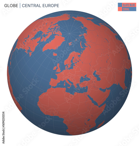 Vector Globe centered to Central Europe. Slate Blue Coral palette. World map with meridians, parallels, countries, rivers and lakes. Alive vector illustration.
