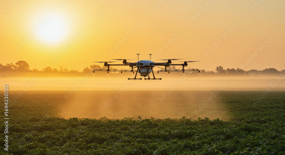 Fototapeta premium Agricultural drone sprays pesticides on a lush green crop field during a beautiful sunset, showcasing smart farming innovation