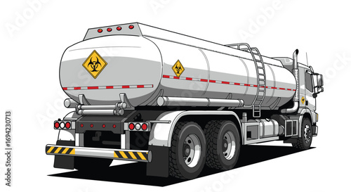 Illustration of a tanker truck isolated on white background, showcasing its cylindrical tank, ladder, wheels, and overall design in a detailed line drawing