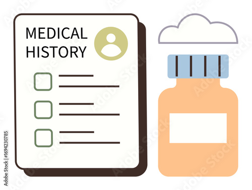 Medical record document with checklist and pill bottle under a cloud. Ideal for healthcare, medical data, patient care, prescription, treatment, pharmacy, wellness. Simple flat metaphor