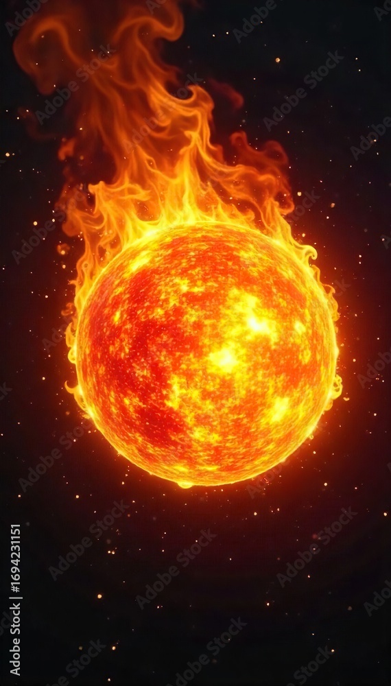 Obraz premium Fiery orange and yellow fireball flames engulfing a dark background, intense heat and energy radiating outwards Perfect for fantasy, mythical, or fiery backgrounds , texture, yellow, apocalypse