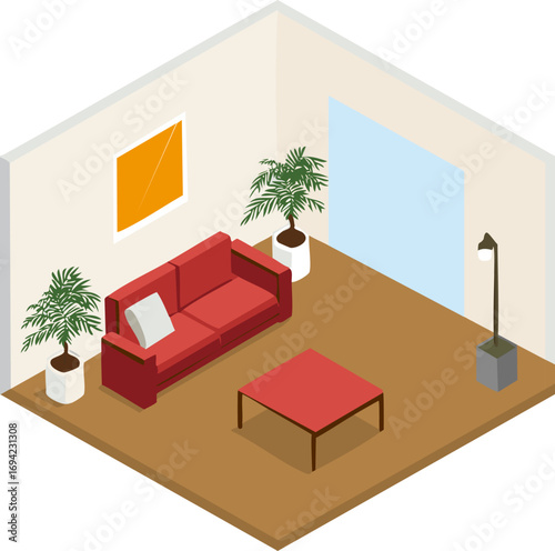 リビングのアイソメトリックなイラスト、赤色
Living room isometric illustration, red