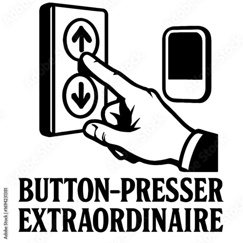 Masterful hand artfully engaging the illuminated up arrow on a sleek elevator control panel, perfectly embodying the spirit of a 'Button-Presser Extraordinaire' ensuring smooth, effortless vertical tr
