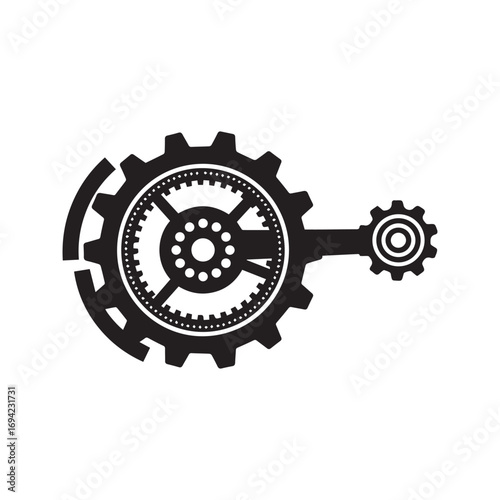 Steampunk style gear mechanism vector. Black silhouette of connected cogwheels, industrial machine part icon for technology and engineering design, isolated on white background.
