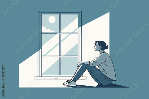 An illustration of a person sitting on the floor by a sunlit window, looking out thoughtfully.