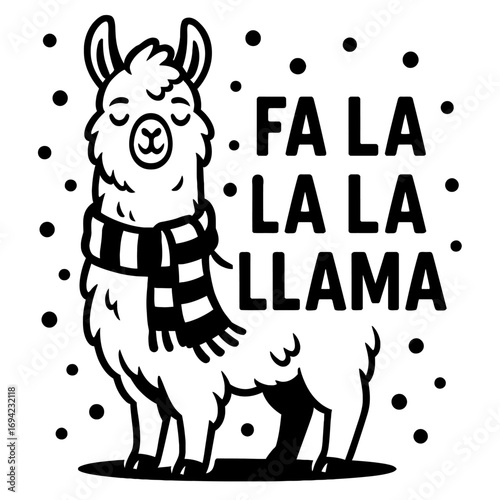 Fa La La Llama Christmas Design featuring a cute, happy llama in a festive striped scarf with falling snow. This adorable holiday pun is perfect for seasonal apparel, unique gifts, and cheerful home d