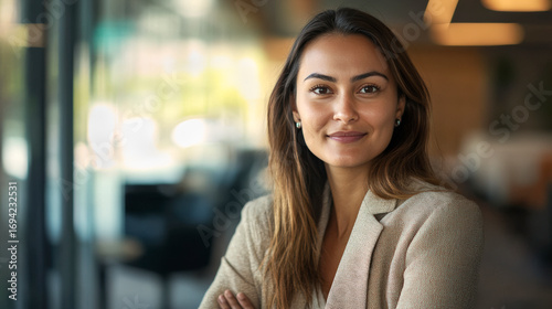 eine moderne, indisch-europäisch Geschäftsfrau steht in modernen Bürogebäude vor ihrem Büro und blickt selbstbewusst in die Kamera,