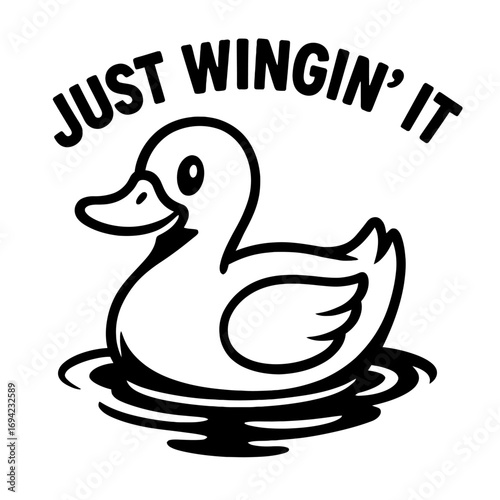 Cute 'Just Wingin' It' Duck Design: Adorable Cartoon Waterfowl Embracing Spontaneity, Floating Calmly on Water, Perfect for Funny, Laid-Back Apparel & Gifts, Illustrating a Carefree Go-with-the-Flow A
