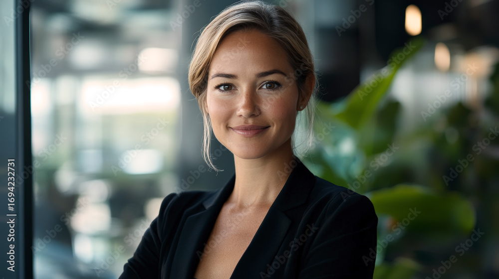 Fototapeta premium Eine junge schöne europäische Geschäftsfrau steht in einem Büro und lächelt selbstbewusst in die Kamera, Portrait