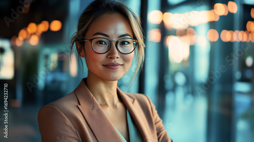 eine brünette asiatische Geschäftsfrau steht in einer modernen Lobby und blickt selbstbewusst in die Kamera,