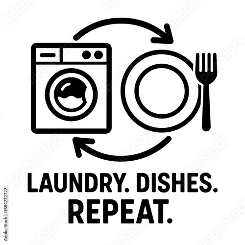 Laundry. Dishes. Repeat. Iconic graphic illustrating continuous cycle of daily household chores. Visual representation of endless domestic tasks: washing machine, plate, fork. Relatable symbol for ong