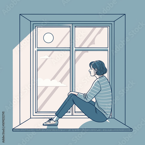 Woman sitting on windowsill looking outside.