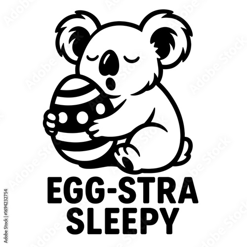Cute 'Egg-stra Sleepy' koala bear illustration, embracing a festive Easter egg. This charming black and white design perfectly blends holiday spirit with adorable animal relaxation. Ideal for apparel,