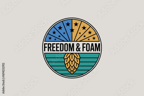 A round logo with stars and stripes and the words freedom and foam with a hop cone at the bottom