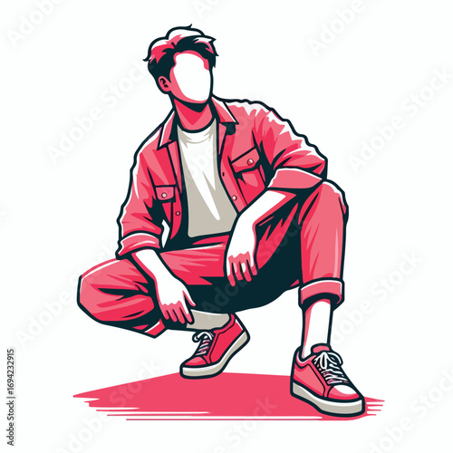 Stylish Man in Red Outfit Squatting