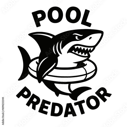 "Pool Predator" fierce cartoon shark in swim ring, perfect for summer fun, beach, pool parties, water adventures, swim teams, sports. Humorous water graphic, ideal for tees, gifts, apparel, decor.