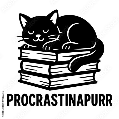 Procrastinapurr: Adorable black cat peacefully sleeping on a stack of books, a witty design for book lovers and students who embrace cozy relaxation and clever procrastination with their beloved felin