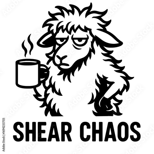 Funny 'Shear Chaos' grumpy sheep coffee mug graphic. Relatable morning struggles, caffeine addiction, and everyday exhaustion captured. This hilarious animal pun design embodies chaotic humor, perfect