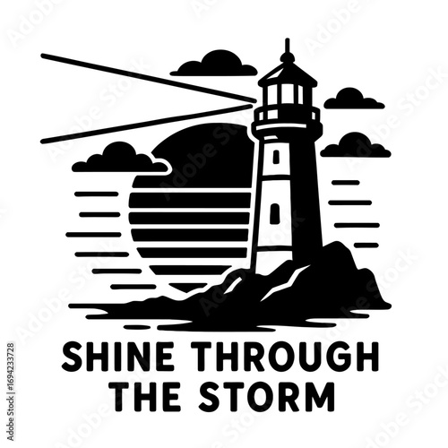 Shine Through The Storm: Lighthouse art symbolizing hope, resilience, & guidance. This iconic coastal beacon, in black & white with sun/moon & clouds, radiates strength. Inspiring perseverance, courag