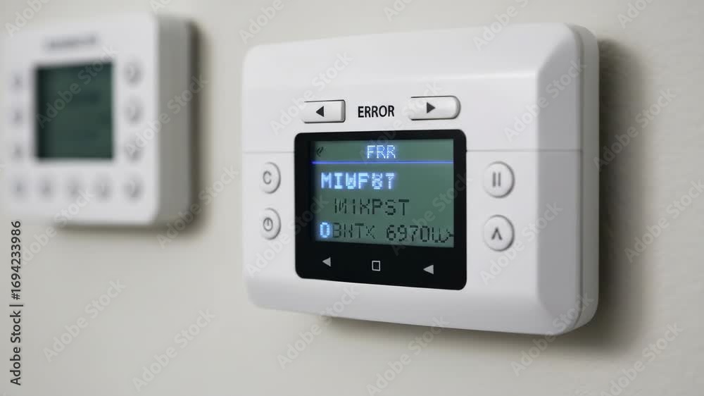Smart Home Thermostat Displaying Error Message, Modern White Smart Thermostat on Wall Showing FRR Error, Indicating System Malfunction Smart Home Thermostat Displaying Error Message, Modern White Smart Thermostat on Wall Showing FRR Error, Indicating System Malfunction