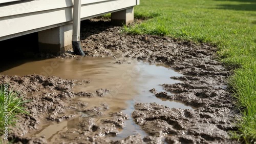 Muddy water near house foundation after heavy rain, Erosion and water damage around a home's foundation causing flooding