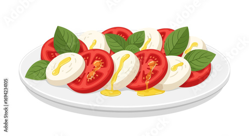 A delectable caprese salad illustration featuring tomatoes, mozzarella, basil