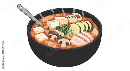 A delightful cartoon depiction of a hot, steaming bowl of Korean jjigae